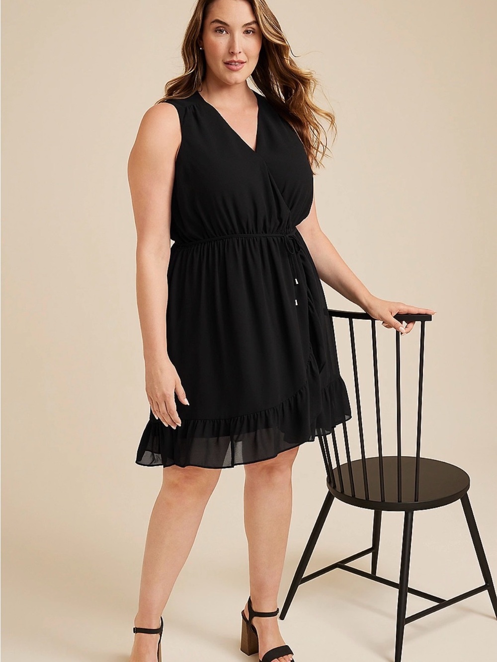 Sleeveless Bare Ruffle Trim Wrap Dress -Plus Size